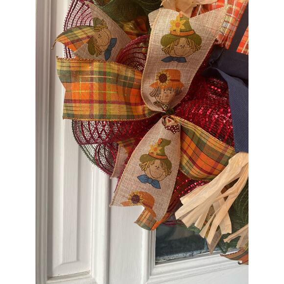 Fall Scarecrow Wreath – Harvest Couple Door Decor – Handmade Autumn Wreath - Picture 5 of 10